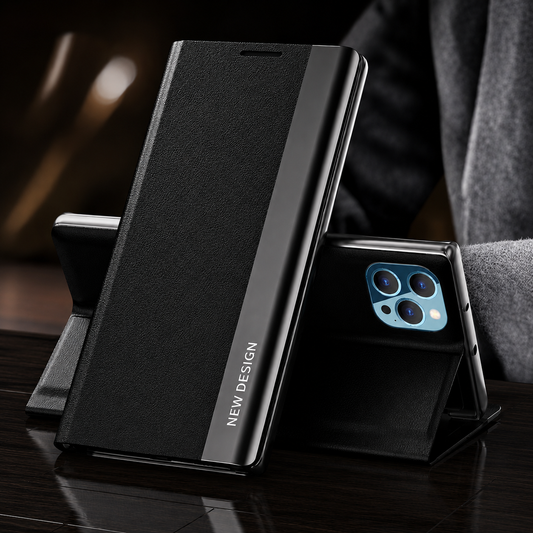 A black flip phone case stands closed beside a second case folded into a horizontal stand on a dark wooden surface.