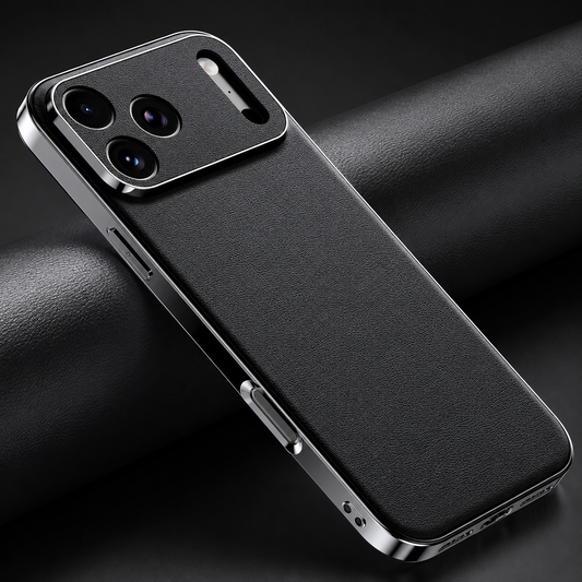 Black finely textured case lies diagonally on folded black material, showing silver-colored sides, covered buttons, and a matching textured camera panel.