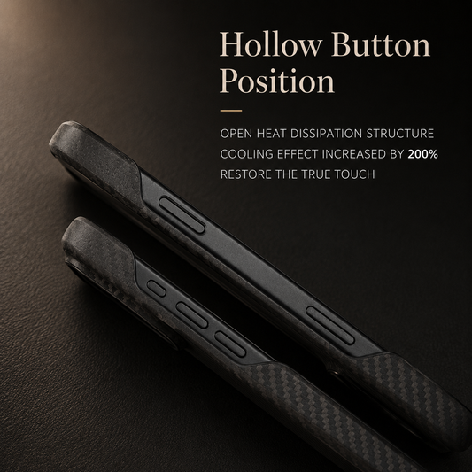 Two black case edges lie diagonally on a dark textured surface, showing exposed side-button openings. Text under Hollow Button Position advertises an open heat-dissipation structure.