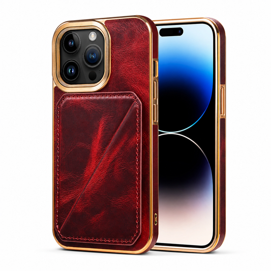 Front and rear views of a red marbled leather-look phone case stand on white, showing gold-colored trim and a stitched folding card pocket on the back.
