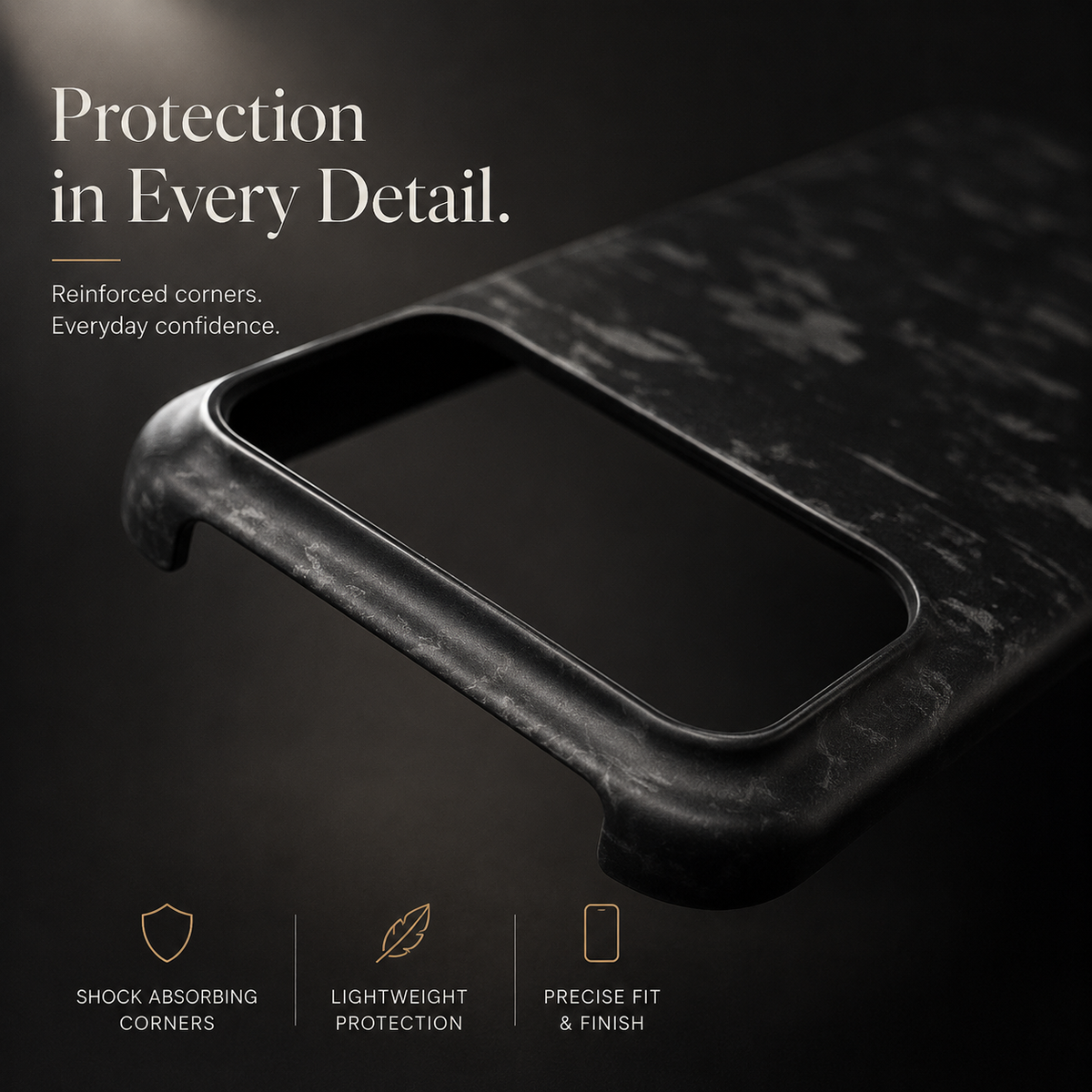 A close-up of a matte black shard-patterned case shows a reinforced corner and raised rim around the wide camera opening. Text advertises shock-absorbing corners and light weight.