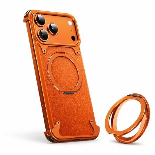 An orange case stands upright on a white background beside a separate orange circular ring. Its textured back, angular corner rails and broad camera panel match the orange frame, with a flat circular ring centered on the back.