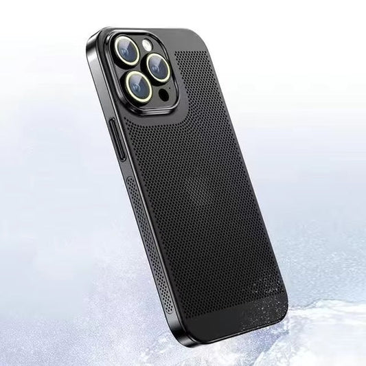 A black perforated phone case appears upright at an angle against a pale icy background. Dense mesh-like holes cover its back and side beneath a glossy raised camera surround.