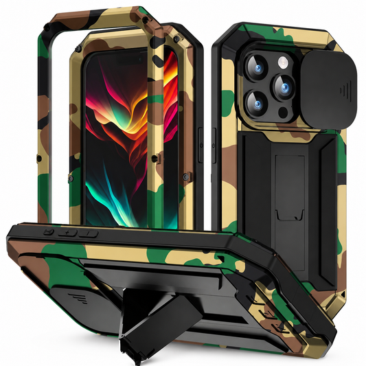 A camouflage rugged case appears with separated front frame and extended rear kickstand, showing its black sliding camera cover.