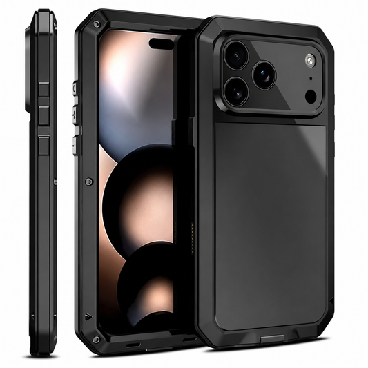 Front, rear and side views show a black rugged case, with thick angular borders, corner screws and covered side controls.