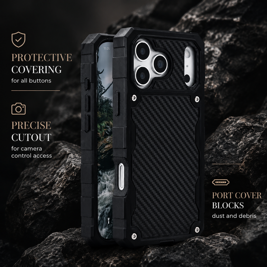 Front and rear views of a black rugged case stand among dark rocks. Labels point to covered buttons, camera-control access and a dust-blocking port cover. The patterned back has thick corner bumpers.
