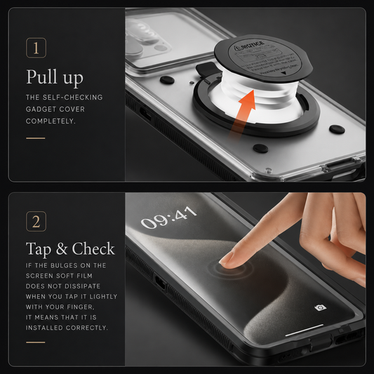 Two-step diagram shows the rear self-check fitting pulled upward, then a finger tapping the screen cover. Text describes checking the enclosure's seal.