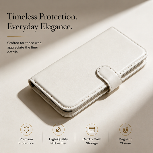Closed white stitched folio case lies diagonally on a beige surface with its clasp tab fastened. Labels advertise PU leather, card and cash storage, and magnetic closure.