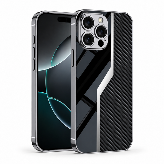 Front and rear views of a silver-edged case show a diagonally ribbed black panel beside glossy black angular shapes and a silver zigzag stripe.
