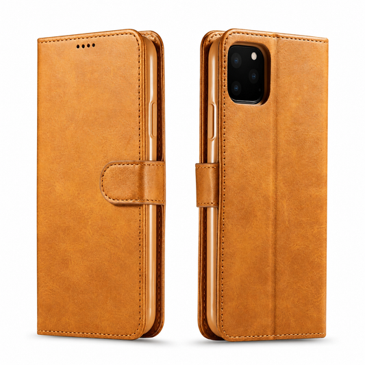 Front and rear views show a tan leather-look folio phone case closed against white, with stitched borders, a tab clasp and rectangular camera opening.