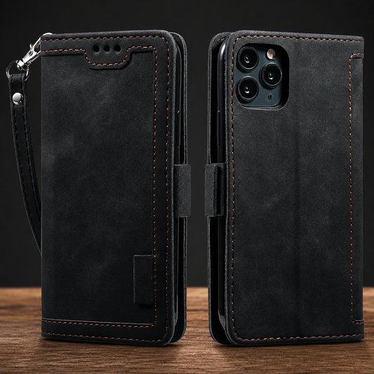 Front and rear views of a black flip wallet phone case stand on a wooden surface against black. Contrasting stitching outlines the rectangular cover, a small tab closes at the side and a matching wrist strap hangs from a silver clasp. Small earpiece holes sit above the front panel, and a camera opening appears on the back.