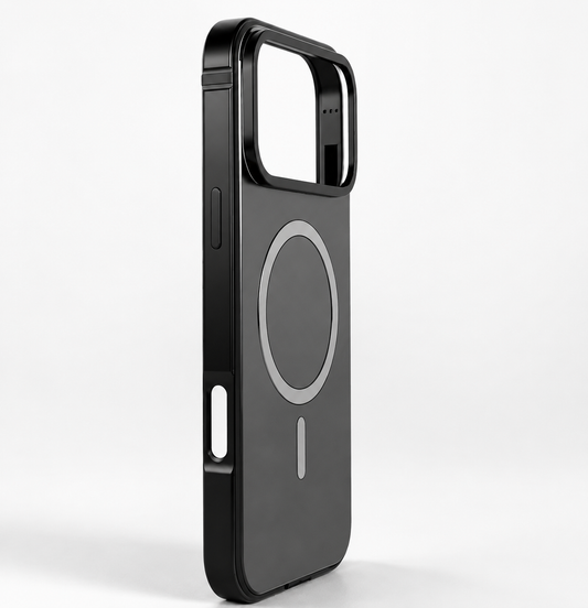 An empty dark gray phone case stands at an angle on pale gray, showing a shiny black frame, large camera opening and silver-colored circular magnetic marking.
