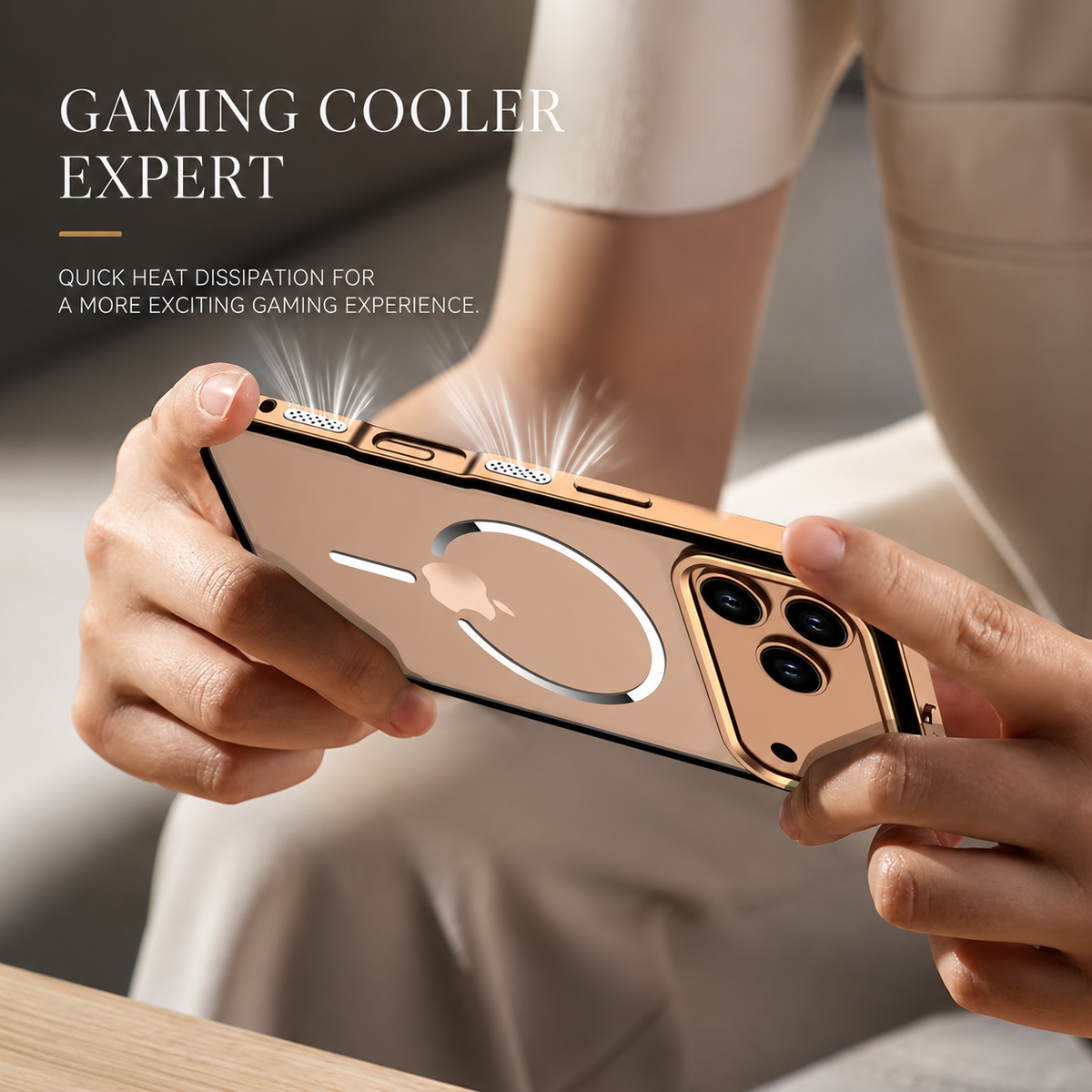 A person holds an orange phone case horizontally above a wooden table as if gaming. Text advertises quick heat dissipation for a cooler gaming experience.