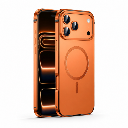 Front and rear views of an orange case stand on white, showing a matching magnetic circle and raised camera surround.