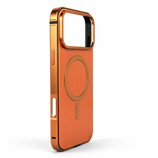 An empty orange case stands upright on white, showing shiny orange edges, a matching metallic-looking magnetic ring and large camera opening.