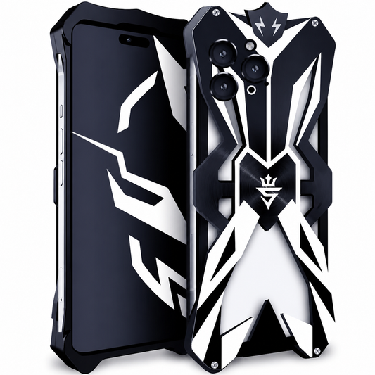 Front and rear views show a black-and-silver open-frame case on a pale phone. Angular geometric arms, pointed lower corners and a central shield emblem create a futuristic armor-like design.