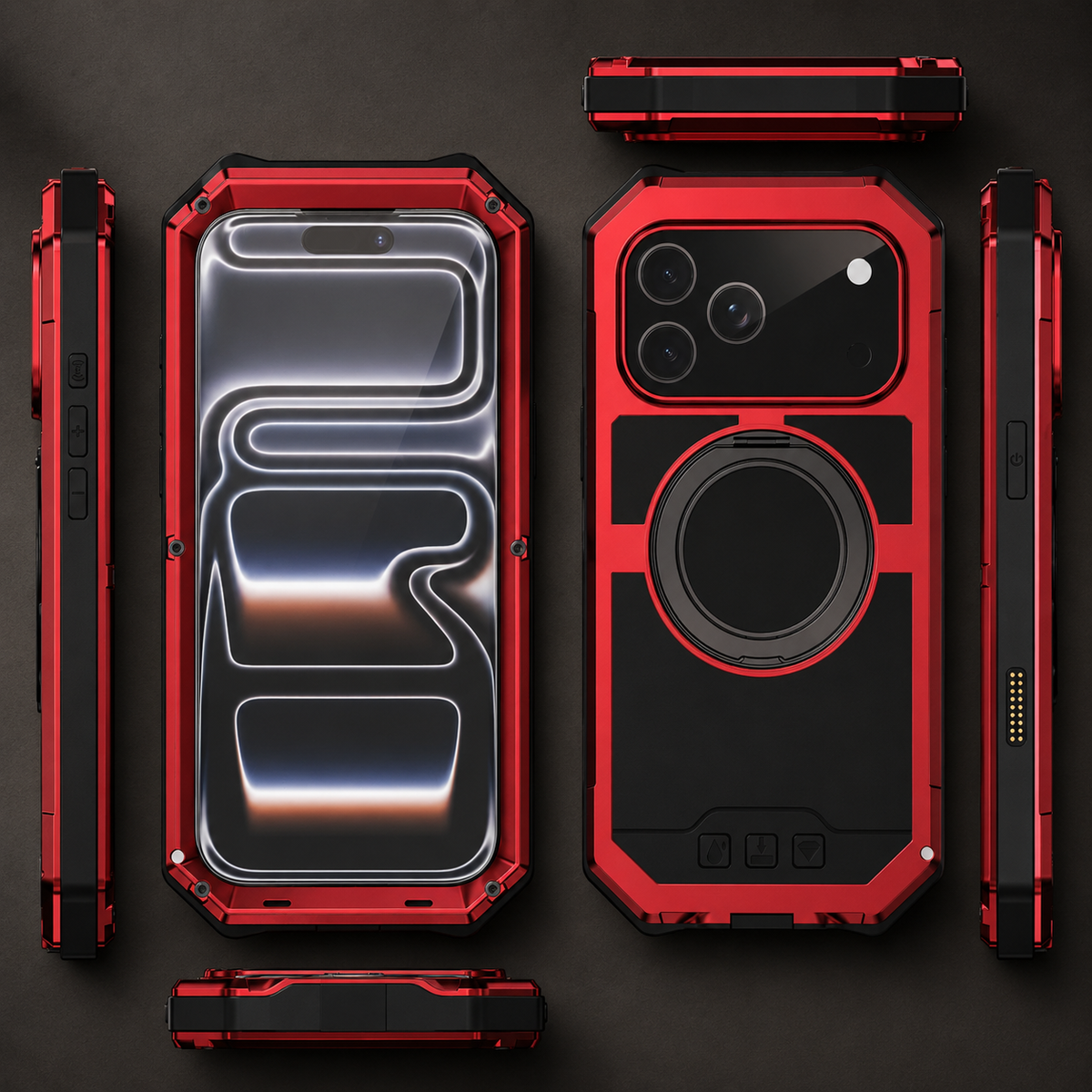 A diagram shows front, rear, side, top and bottom views of a red rugged case, highlighting its thick angular frame, screw heads, camera panel and folded circular ring.