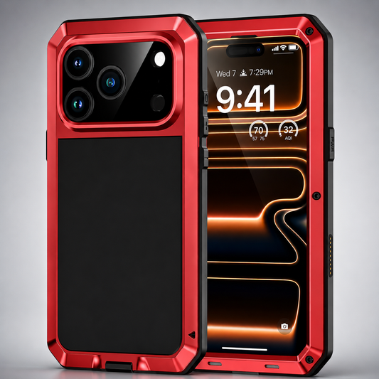 Front and rear views of a rugged red-and-black phone case stand on gray, showing thick angular corners, screw heads and a broad raised camera surround.