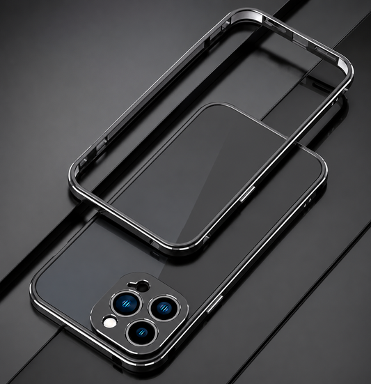 An empty dark bumper frame floats above a black phone on a dark striped surface, leaving the back exposed and showing fitted camera trim.