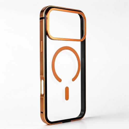 An empty orange-edged clear case stands upright on white, showing its matching magnetic ring, short bar and raised rectangular camera border.