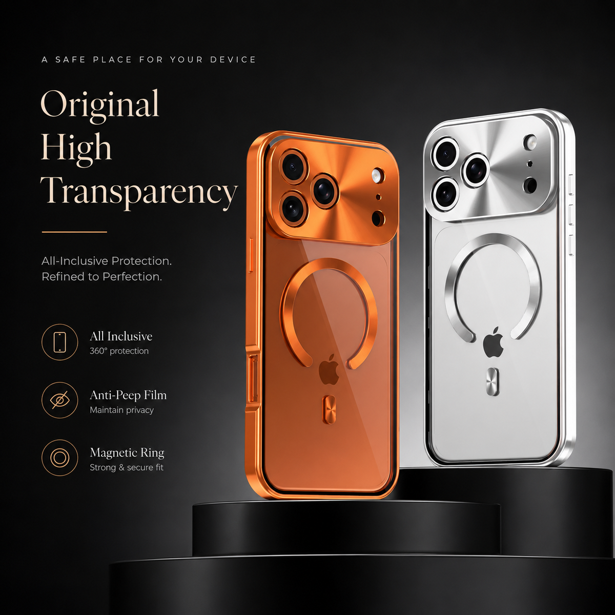 Orange and silver-colored clear-backed phone cases stand on dark round pedestals. Text advertises transparency, all-inclusive protection, anti-peep privacy and magnetic rings.