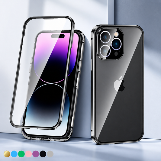 Black-edged clear phone enclosure shown front and back on a pale blue surface, with the front frame separated above the screen and seven color swatches below.