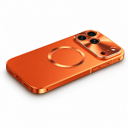 An orange phone case lies diagonally on white, showing a matte back, shiny circular magnetic ring, slim matching frame and broad raised camera panel with separate lens openings.
