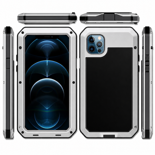 Silver-colored armored phone case shown from all sides, with a black rear inset, angular corners, and visible screws securing the frame around the screen.