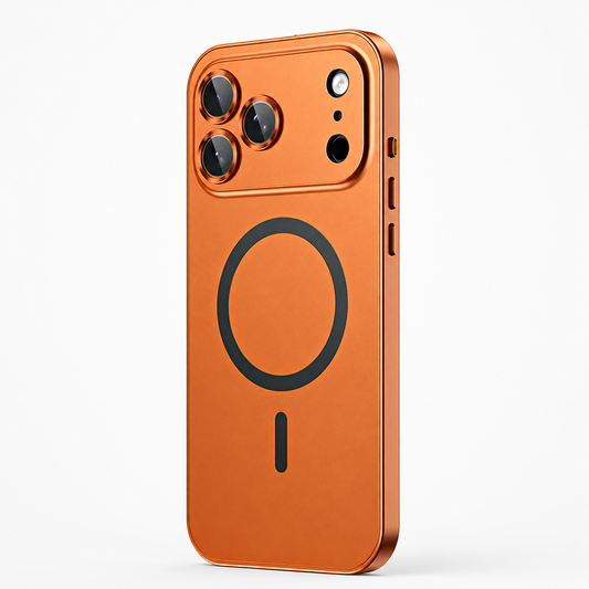 Orange case stands rear-forward against white, showing a dark magnetic ring and alignment bar, glossy matching edges, and individual camera lens surrounds.
