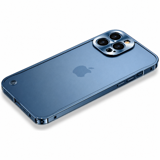 A blue phone lies diagonally on white in a polished blue frame, with its Apple logo visible through the matte-looking back and a raised surround around three camera lenses.
