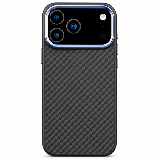 A black woven-patterned case stands rear-facing on white, with a blue raised border around its broad camera panel.