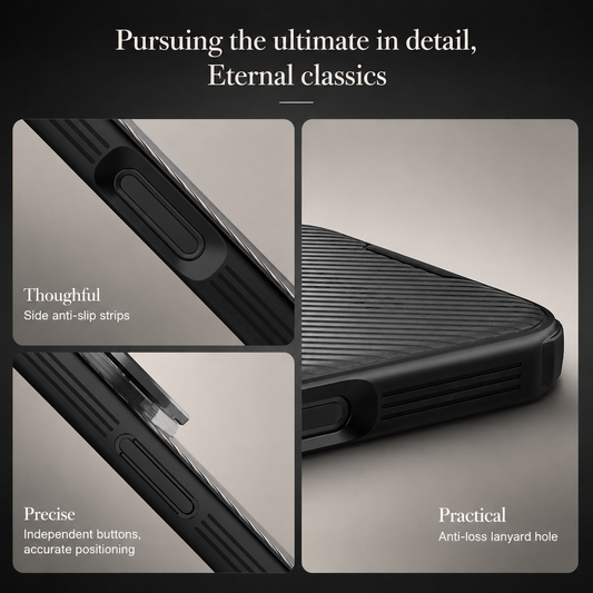 Three close-ups show the black case's ribbed side grip, separate button covers and small lanyard holes near a corner. Text points out these grip and fitting details.