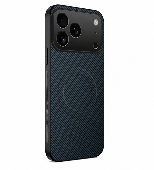 Dark blue case stands rear-forward with a diagonal carbon-fiber-style weave, subtle circular magnetic marking, black edges, and a broad raised camera panel.