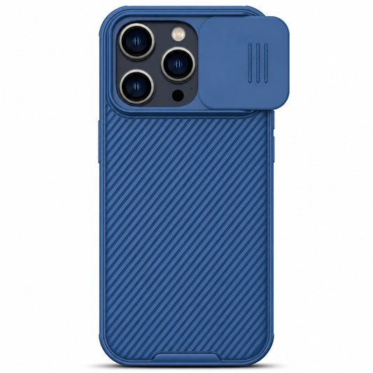 A blue phone case stands upright against white. Diagonal ridges cover the back, and a rectangular camera cover with three grip lines slides to the right, revealing three lenses.