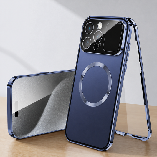 A blue phone case stands rear-facing beside its reflective front cover and separated blue outer frame on a wooden table.
