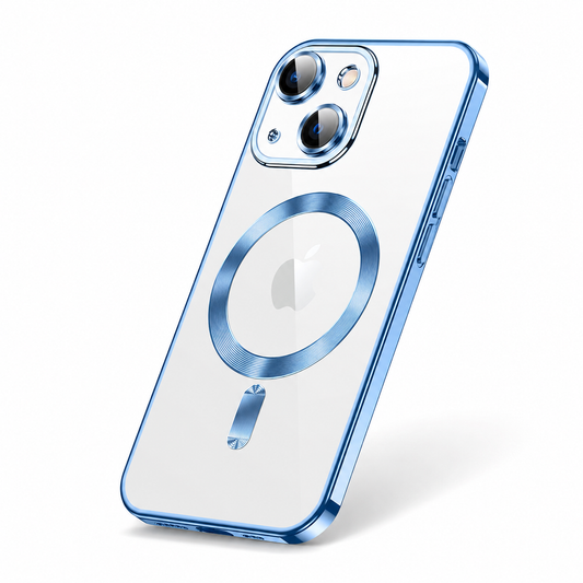 A silver-backed case with blue edges stands at an angle on white, with two camera lenses and a blue metallic magnetic circle.