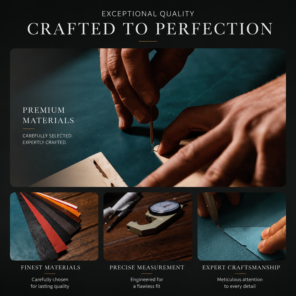 Craftsmanship collage shows hands marking and cutting teal material, assorted colored swatches and measuring tools.