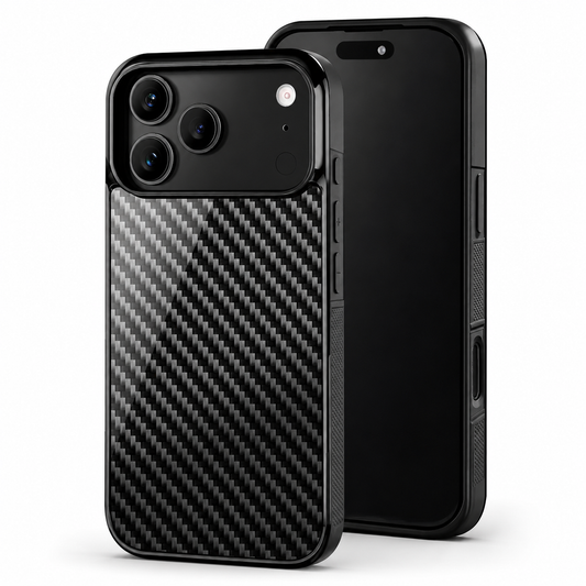 Front and rear views of a black phone case stand on white. The glossy back has diagonal black and gray weave below a broad three-lens camera panel, with rounded protective edges.