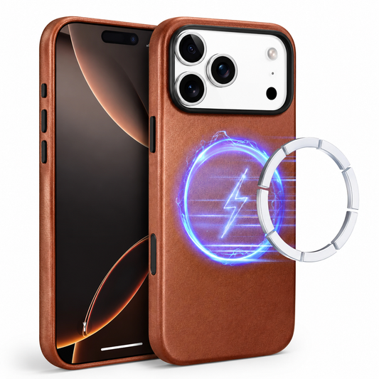 Front and rear views of a brown textured case stand on white, with a glowing magnetic circle and floating segmented ring beside the back.