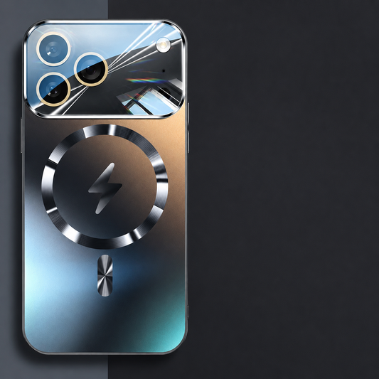 Dark metallic-looking case displayed on a split dark background, with a reflective camera panel and circular ring surrounding a lightning-bolt symbol.