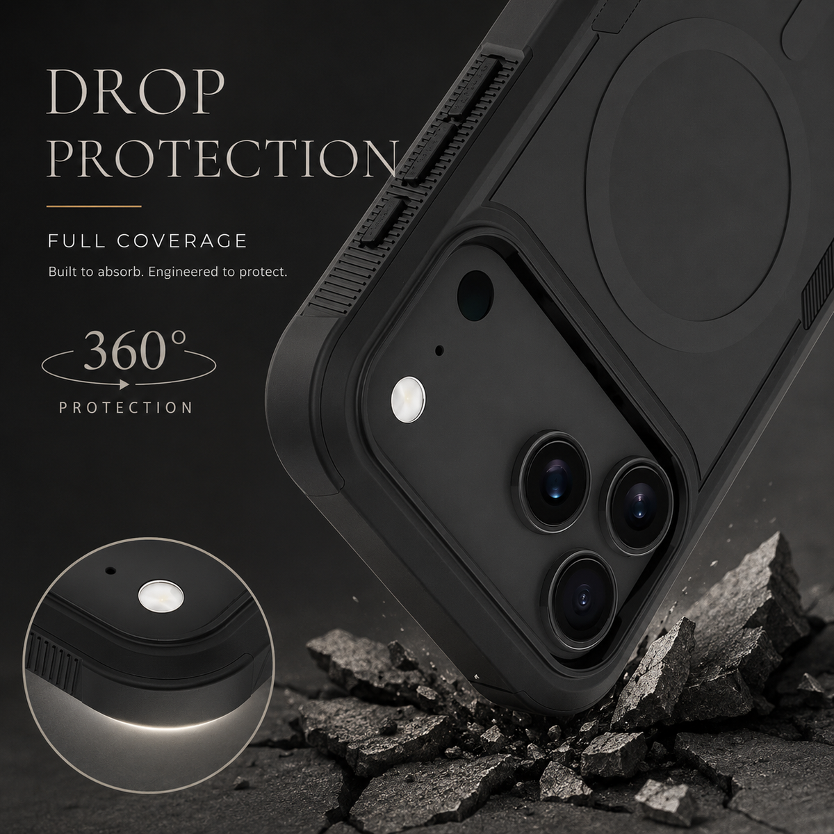 Black rugged case illustrated landing on broken rocks, with a corner detail inset. Text promotes shock absorption and full-coverage drop protection.