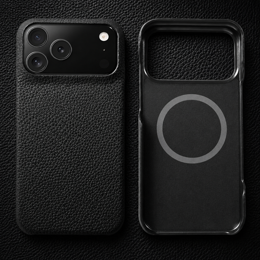 Black pebbled case shown from the rear and interior on matching textured material, with a wide camera opening and gray ring inside.