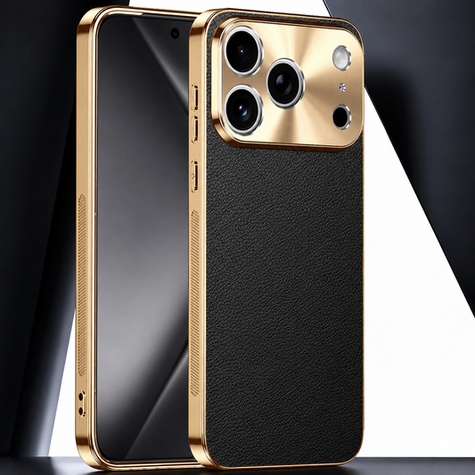 Black pebbled leather-look case shown from the front and back, with a reflective gold-colored frame and broad gold-colored camera panel around three exposed lenses.