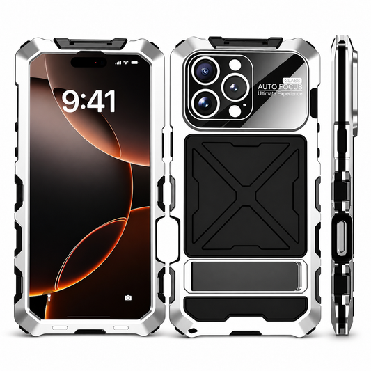Front, rear and side views of a rugged silver and black phone case stand on white. Angular corner pieces surround the frame, and an X-shaped raised panel fills the rear below the camera. A rectangular strip sits near the bottom. The front screen displays 9:41 over orange curves, while the side view shows thick bumpers and button openings.