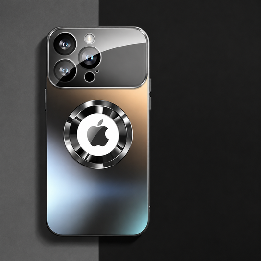 Dark metallic-looking case on a split gray background, with a broad glossy camera panel and circular ring around the Apple logo.