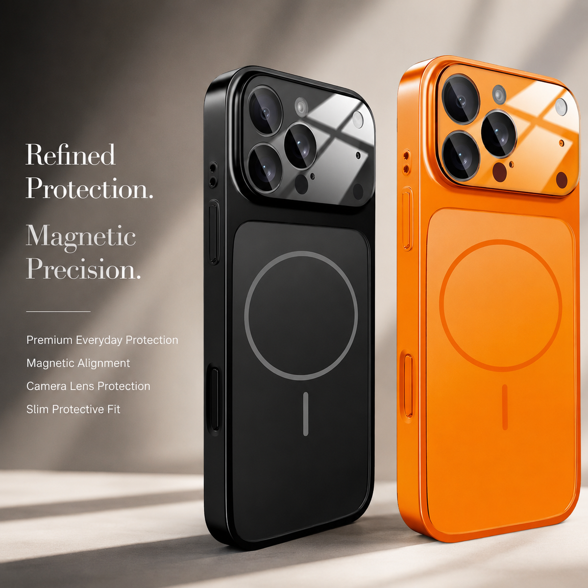Black and orange cases stand side by side on beige, with circular magnetic markings and broad glossy camera panels. Text highlights protection, alignment, and a slim fit.