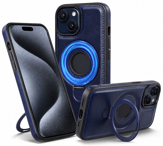 Three views of a navy stitched case show the rear ring flat and extended to support portrait and landscape positions.