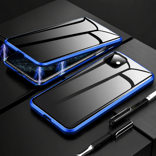 Two blue-edged reflective phone-case views show a front panel floating above a phone and an assembled back beside a fountain pen on dark blocks. Blue graphics illustrate attachment between the layers.