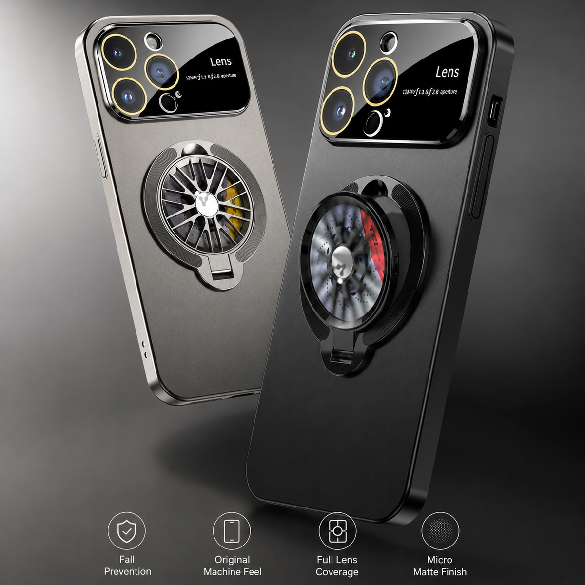 Gray and black ring cases stand side by side against gray, with one circular ring extended away from the back.