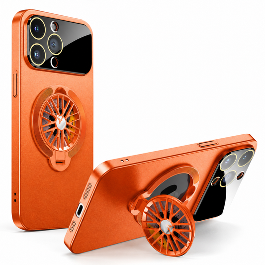 An orange case stands upright beside a horizontal view supported by its matching spoke-patterned rear ring.